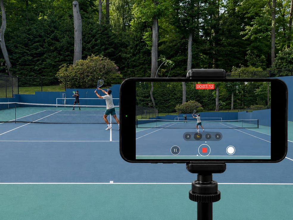 A phone on a tripod recording a rally on a hard court