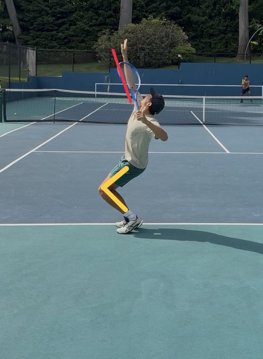 The player's serve with angle annotations